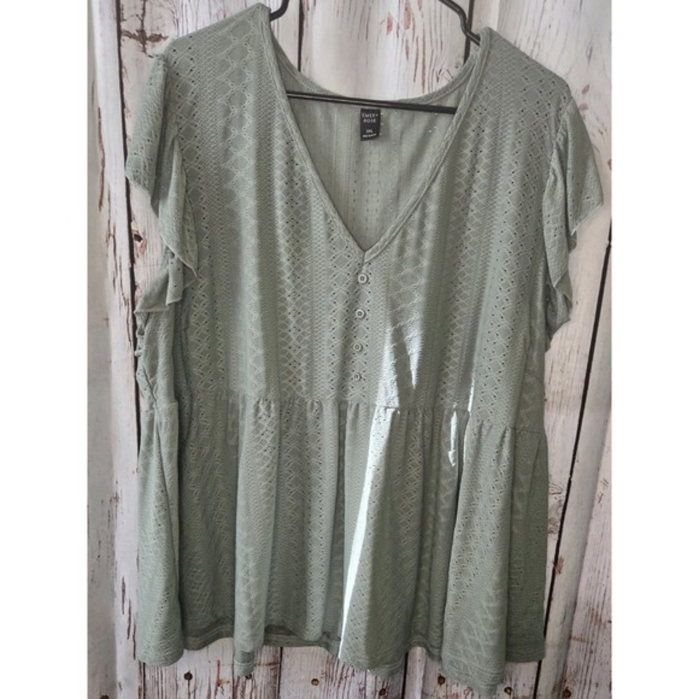 Emery Rose Women's Babydoll Eyelet Flowy Short Sleeve Green Shirt 3XL Balletcore